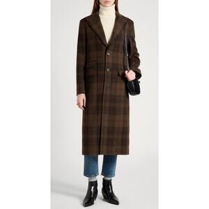 New Lauren Ralph Lauren Longline Plaid Wool Blend Reefer Coat Brown Plaid Sz 12